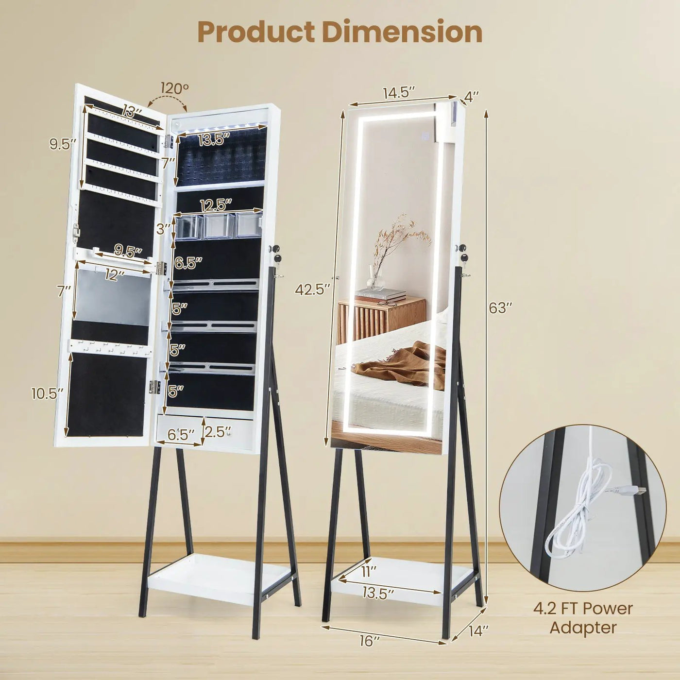 LED Standing Jewelry Mirror Cabinet with 3-Color Lighted Full-Length Mirror by DirectDeals