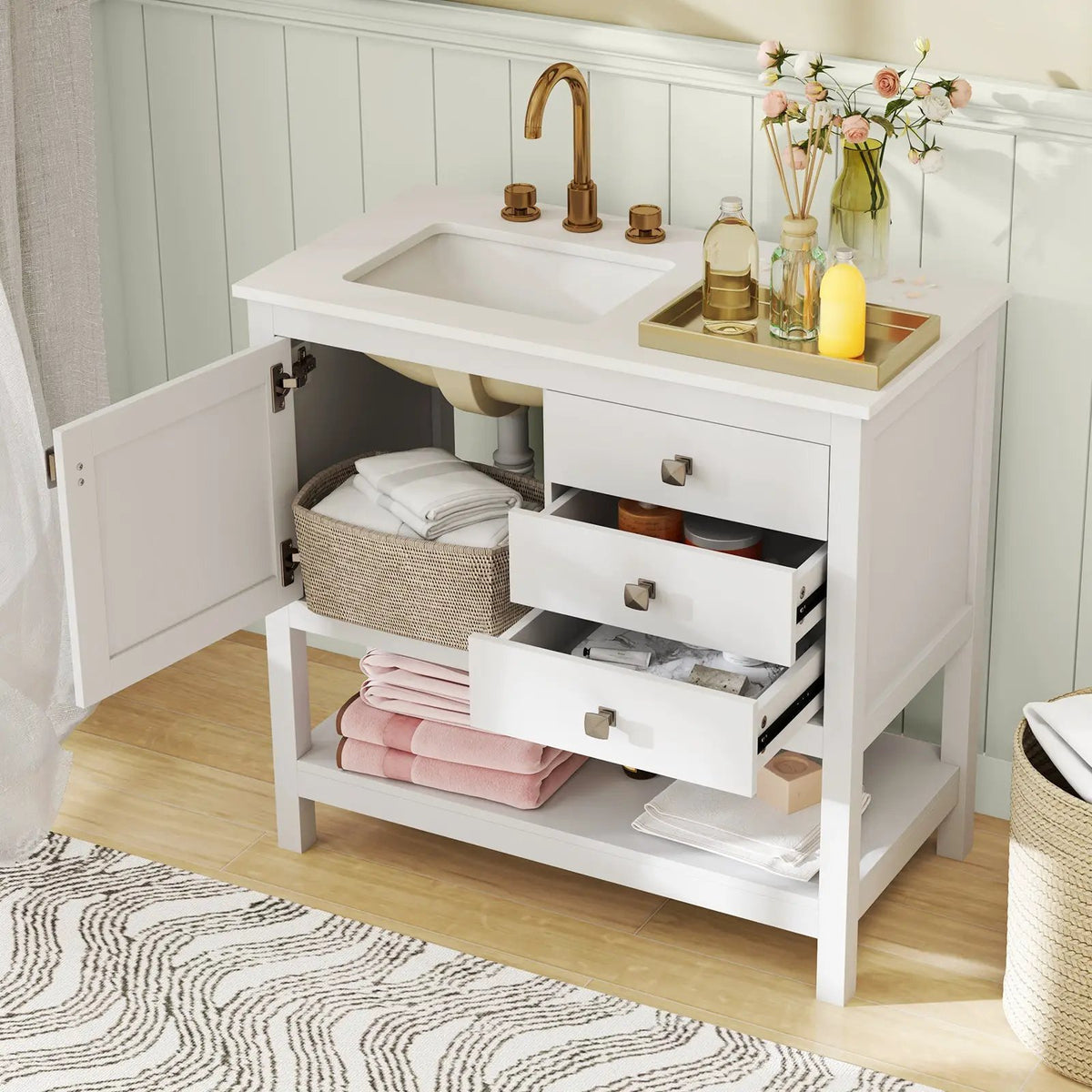 Freestanding Bathroom Vanity Unit with Basin Floor Storage Cabinet-White by DirectDeals