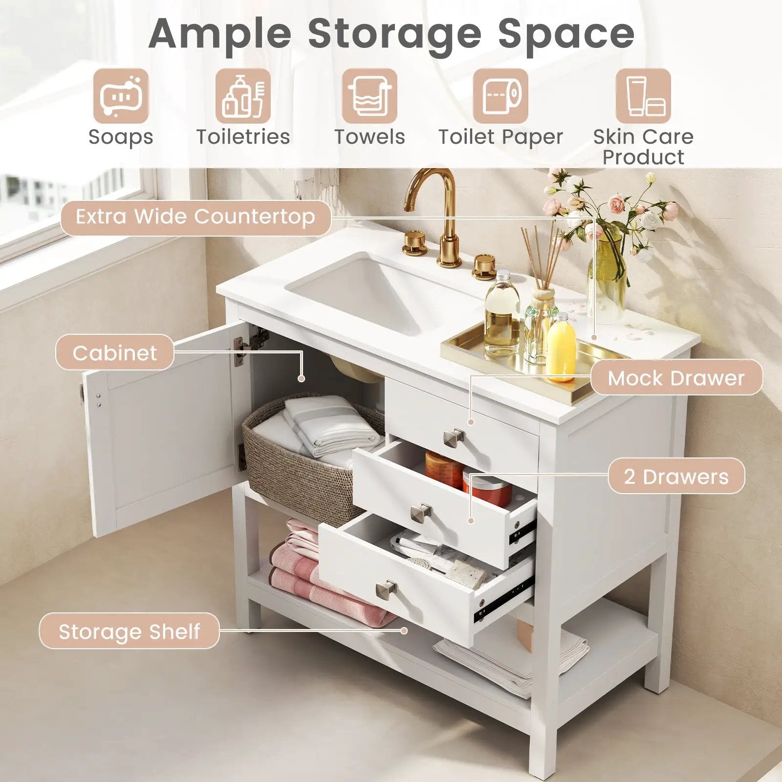 Freestanding Bathroom Vanity Unit with Basin Floor Storage Cabinet-White by DirectDeals