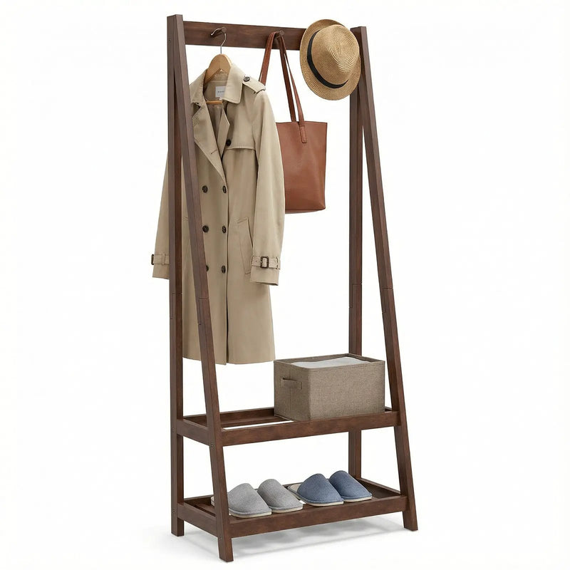 Freestanding Clothes Rack with 3 Hooks and 2 Shelves-Walnut by DirectDeals