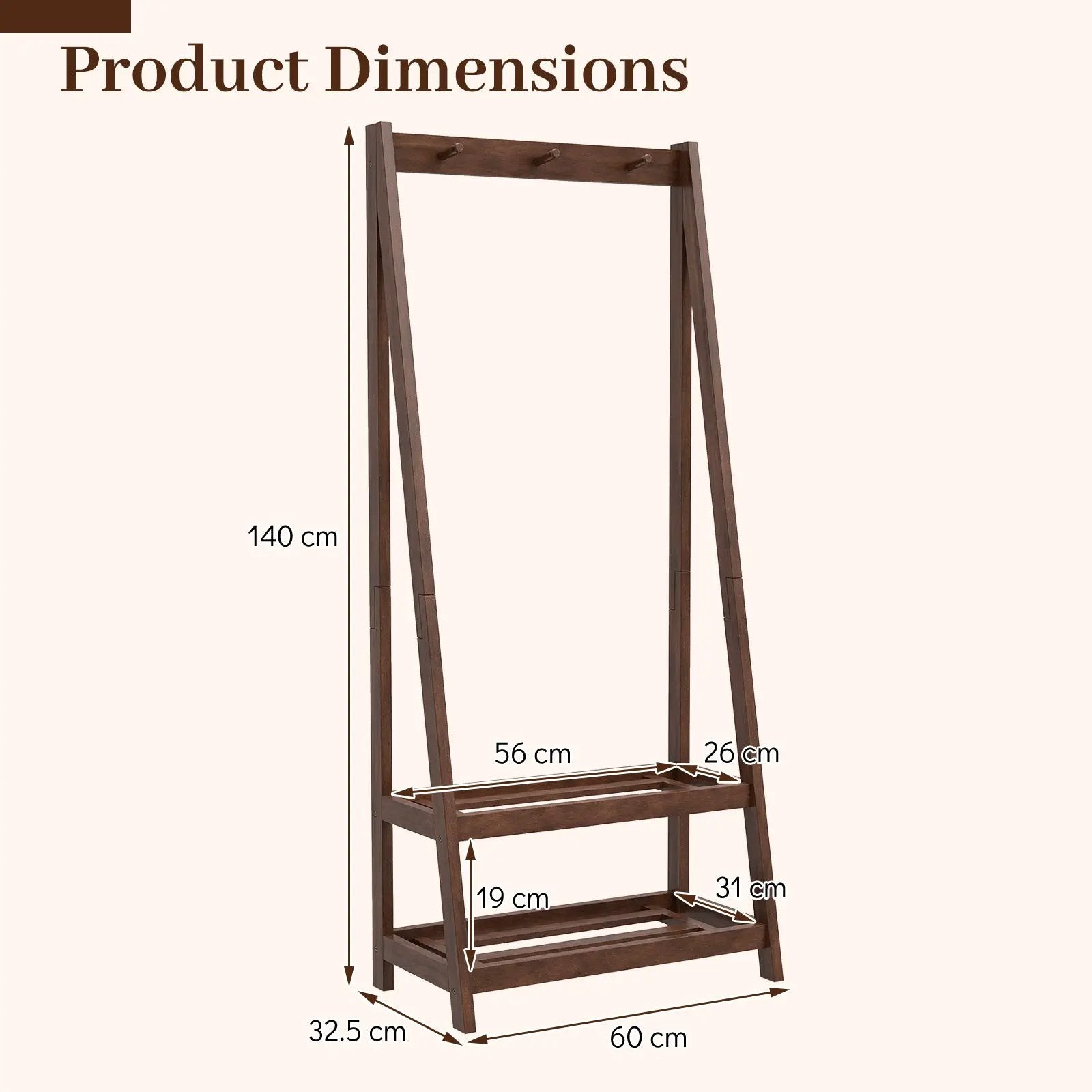 Freestanding Clothes Rack with 3 Hooks and 2 Shelves-Walnut by DirectDeals
