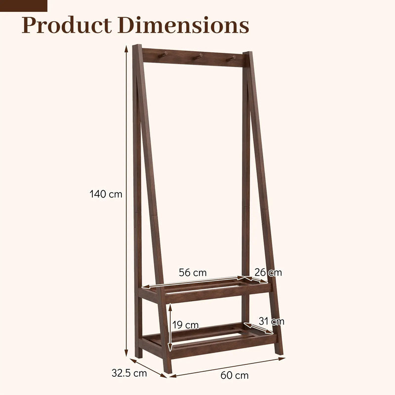 Freestanding Clothes Rack with 3 Hooks and 2 Shelves-Walnut by DirectDeals