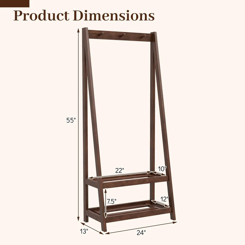 Freestanding Clothes Rack with 3 Hooks and 2 Shelves-Walnut by DirectDeals