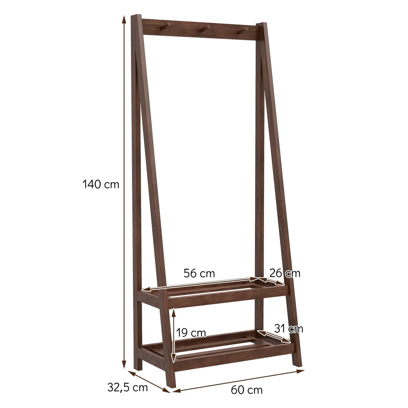Freestanding Clothes Rack with 3 Hooks and 2 Shelves-Walnut by DirectDeals