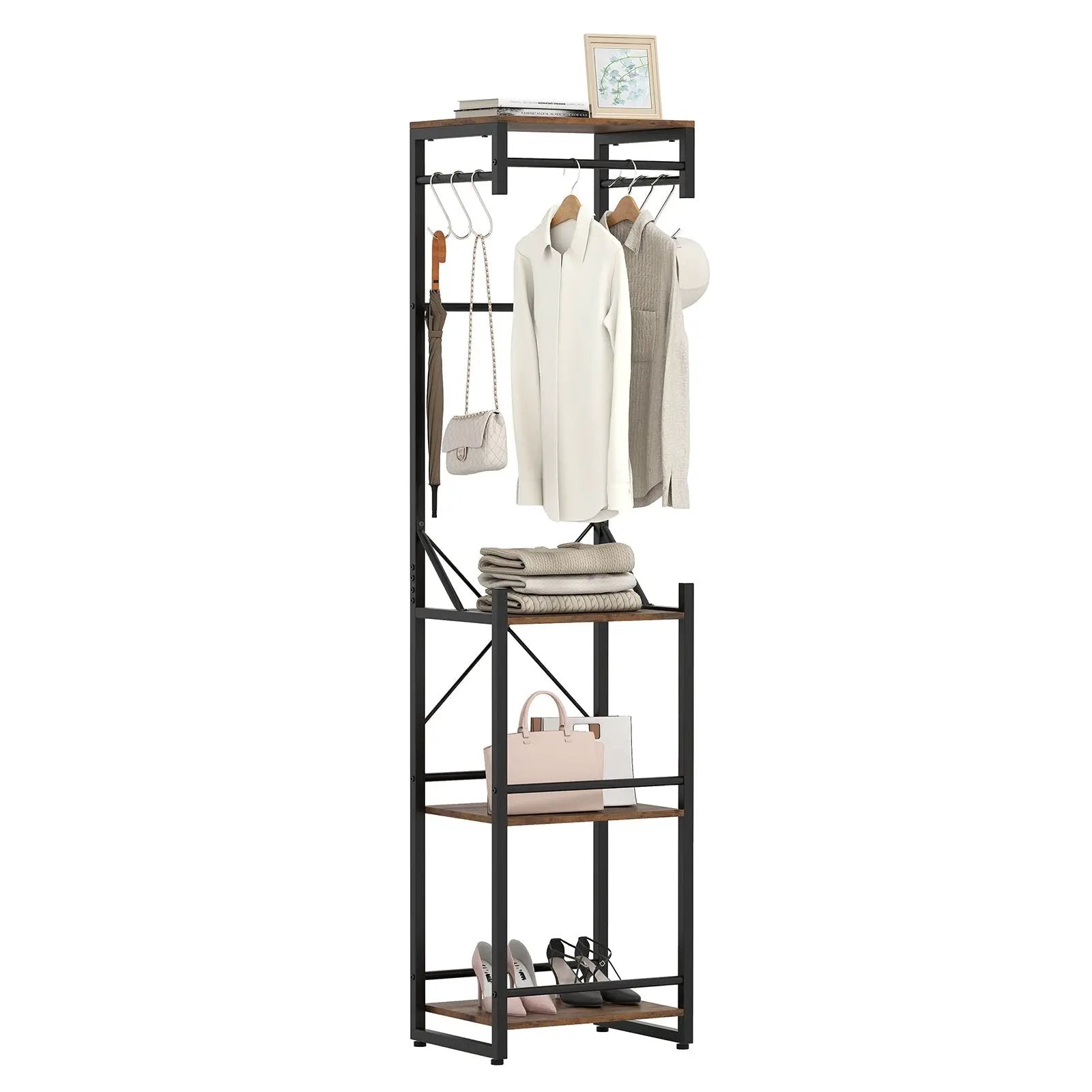 Freestanding Coat Rack with 4 Storage Shelves and 6 Hooks-Rustic Brown by DirectDeals