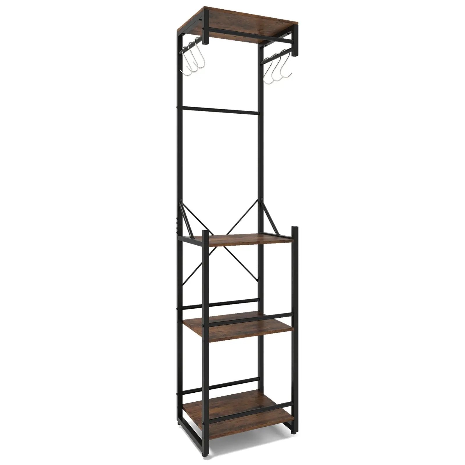 Freestanding Coat Rack with 4 Storage Shelves and 6 Hooks-Rustic Brown by DirectDeals