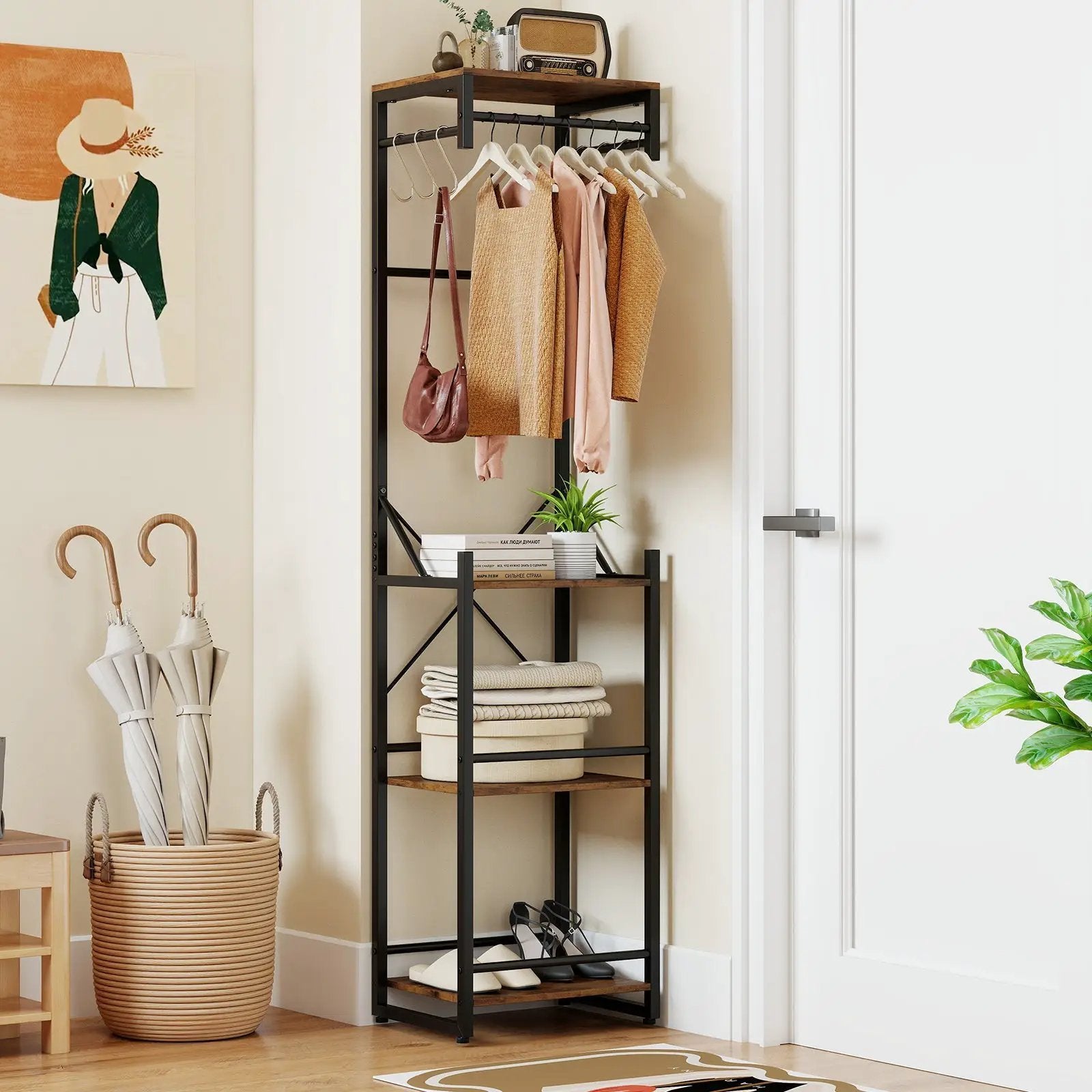 Freestanding Coat Rack with 4 Storage Shelves and 6 Hooks-Rustic Brown by DirectDeals