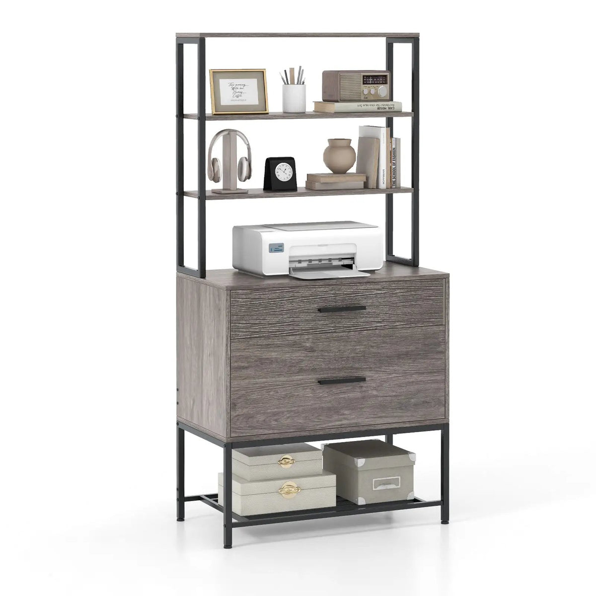 Freestanding File Cabinet with Charging Station and 3-Tier Open Shelves by DirectDeals