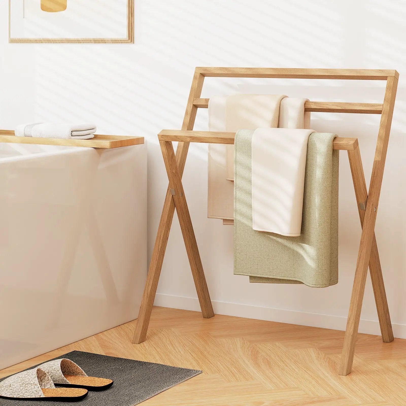 Freestanding Foldable Teak Wood Towel Rack with 3 Hanging Crossbars by DirectDeals