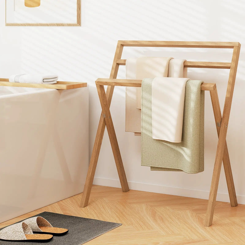 Freestanding Foldable Teak Wood Towel Rack with 3 Hanging Crossbars by DirectDeals