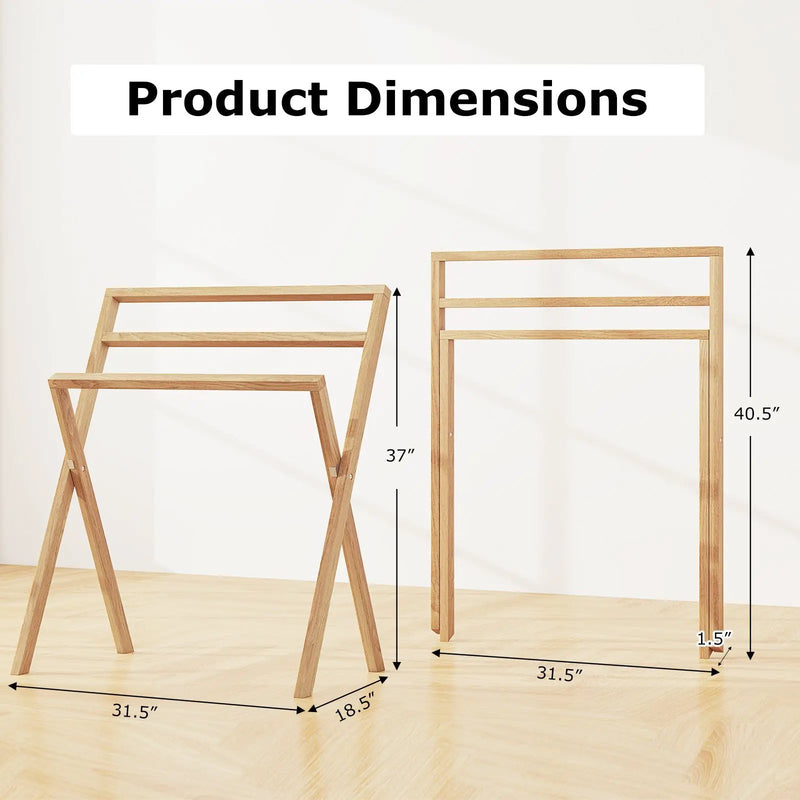 Freestanding Foldable Teak Wood Towel Rack with 3 Hanging Crossbars by DirectDeals