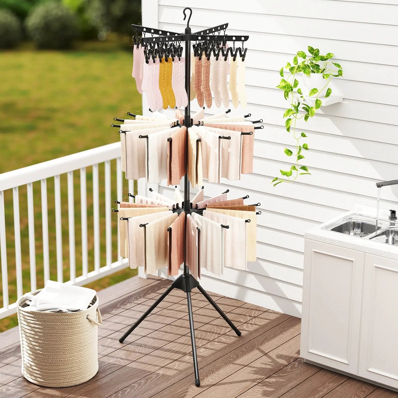 3-Tier Tripod Freestanding Folding Clothes Drying Rack with 24 Clips-Black by DirectDeals