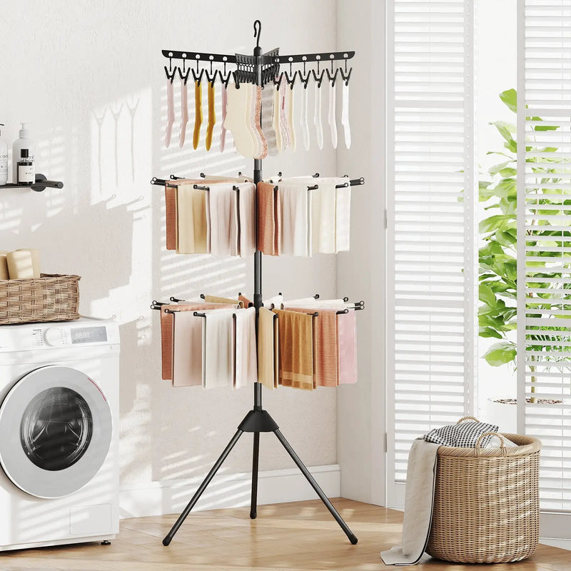 3-Tier Tripod Freestanding Folding Clothes Drying Rack with 24 Clips-Black by DirectDeals