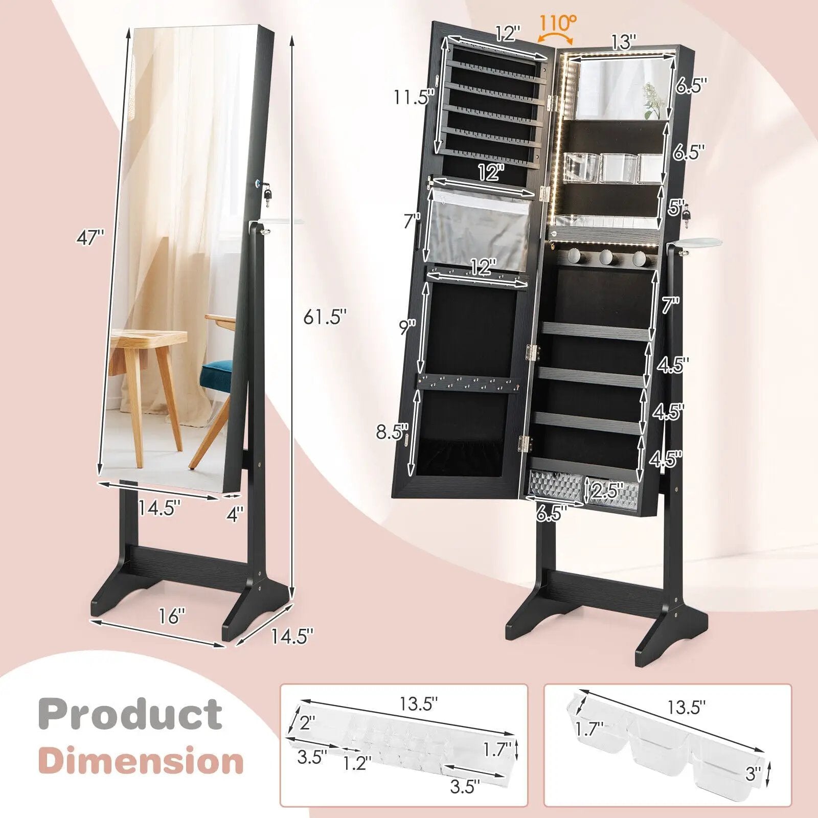 Freestanding Jewelry Cabinet with Full Length HD Mirror by DirectDeals