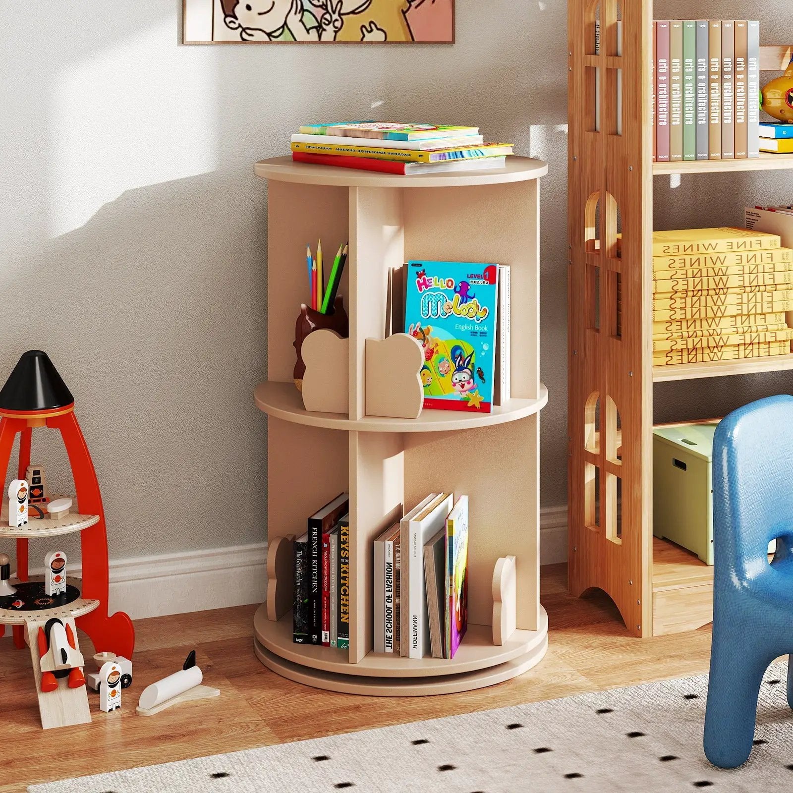 2 Tier Freestanding Kids Rotating Bookshelf Storage Rack with Bear Baffles-Natural by DirectDeals