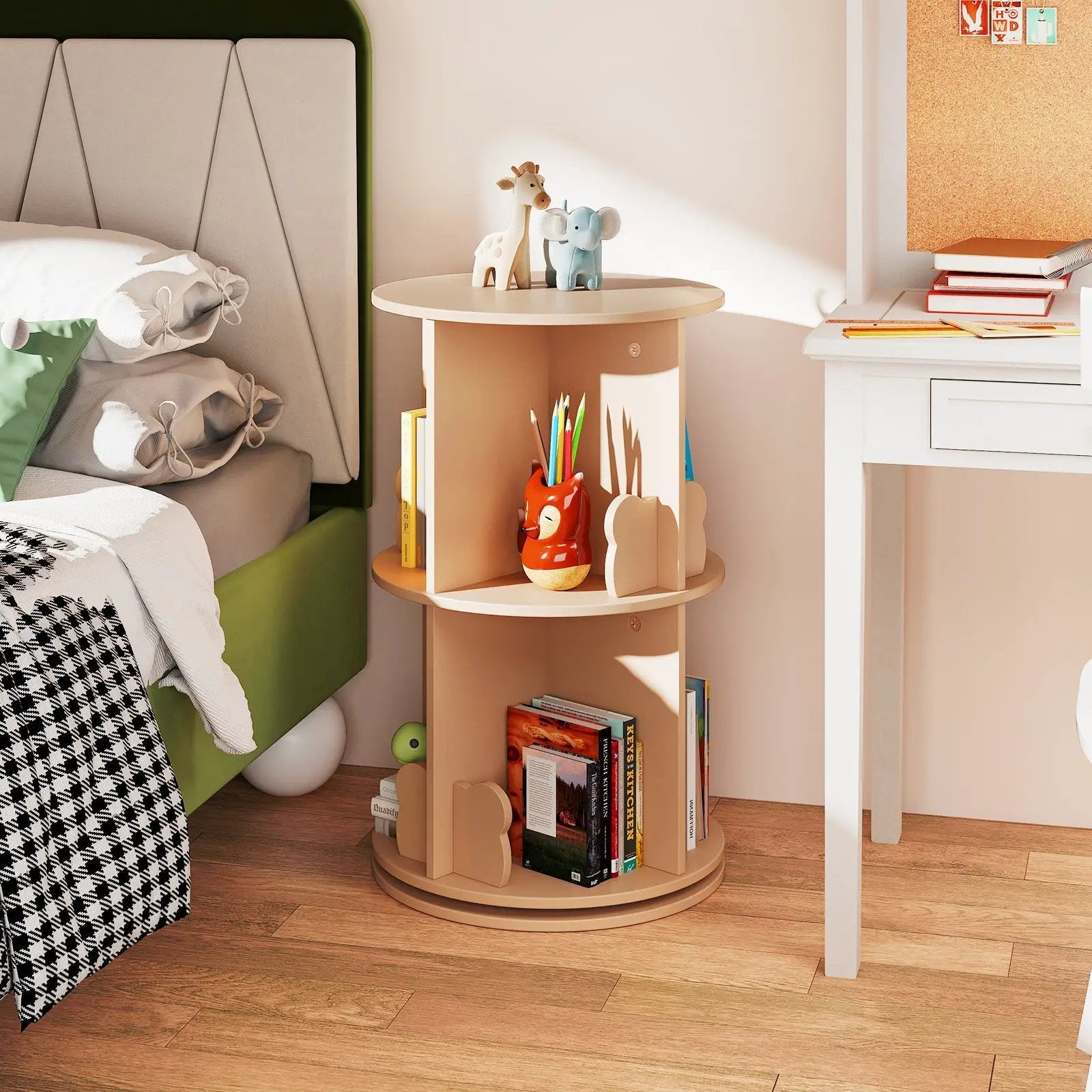 2 Tier Freestanding Kids Rotating Bookshelf Storage Rack with Bear Baffles-Natural by DirectDeals
