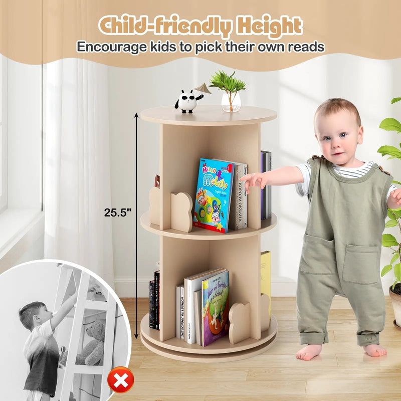 2 Tier Freestanding Kids Rotating Bookshelf Storage Rack with Bear Baffles-Natural by DirectDeals