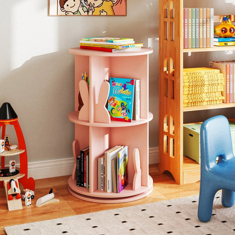 2 Tier Freestanding Kids Rotating Bookshelf Storage Rack with Bunny Baffles by DirectDeals