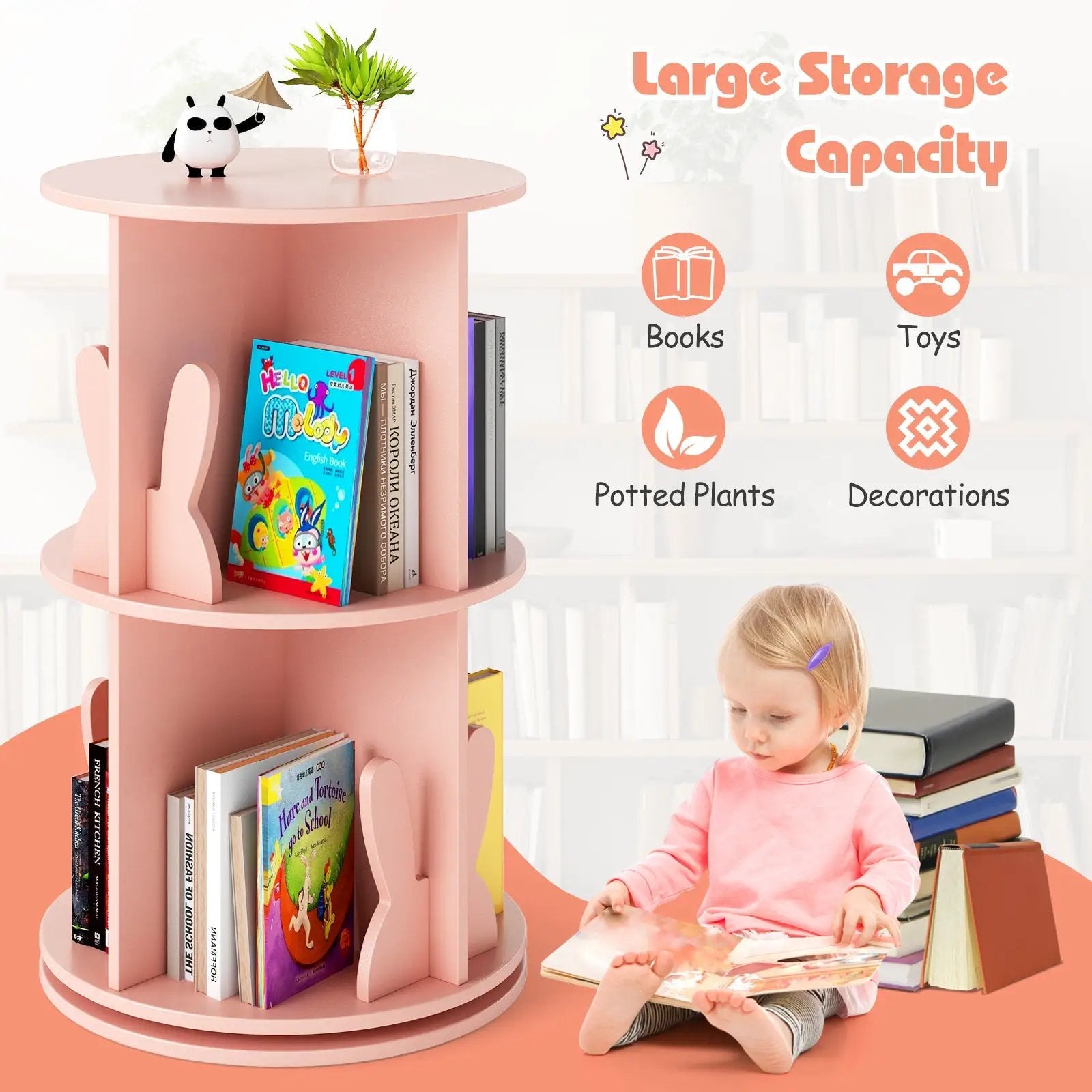2 Tier Freestanding Kids Rotating Bookshelf Storage Rack with Bunny Baffles by DirectDeals