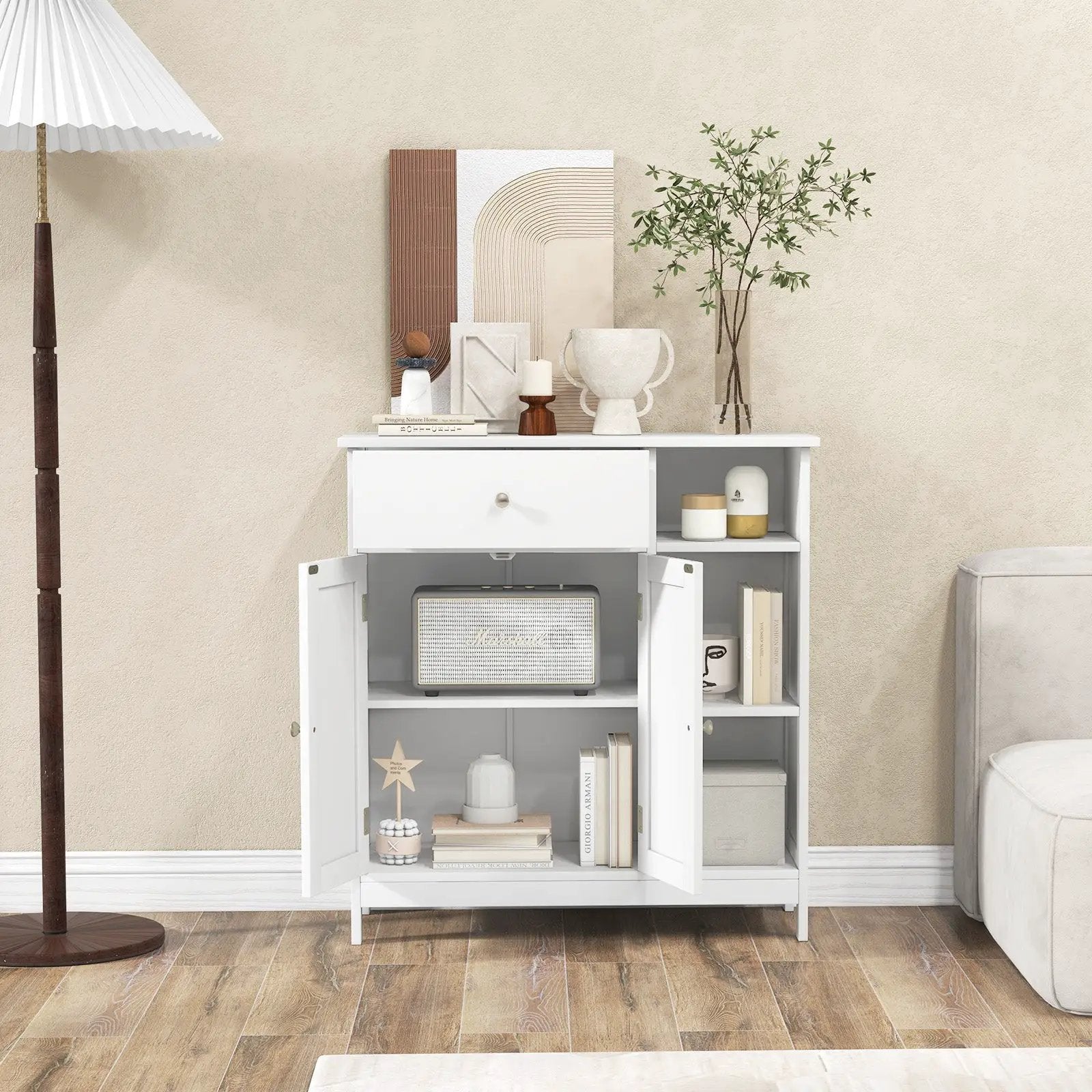 Bathroom Cabinet Floor Cabinet with Drawer and Open Compartments-White by DirectDeals