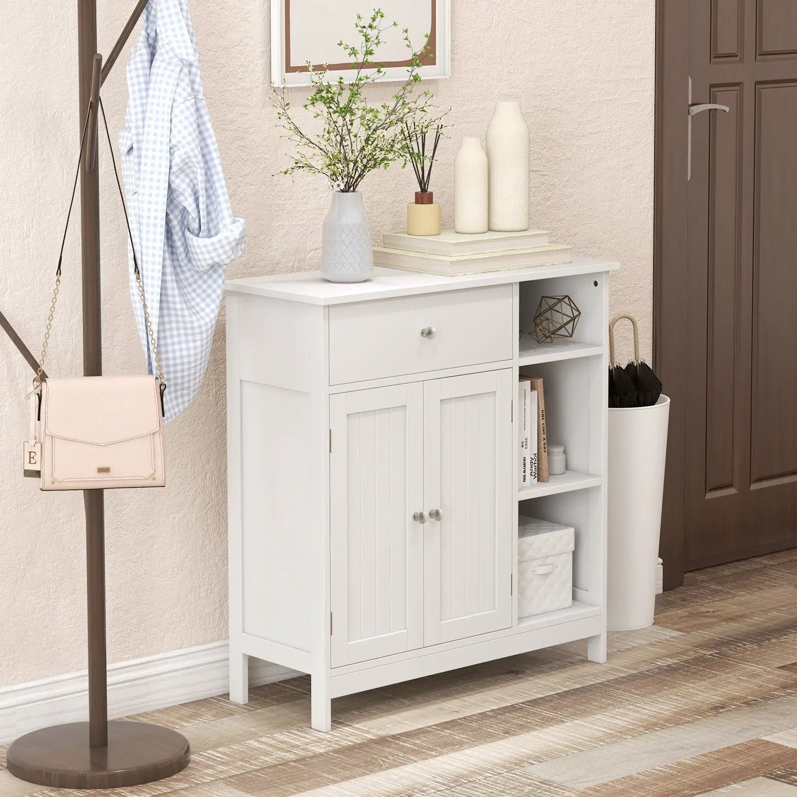 Bathroom Cabinet Floor Cabinet with Drawer and Open Compartments-White by DirectDeals