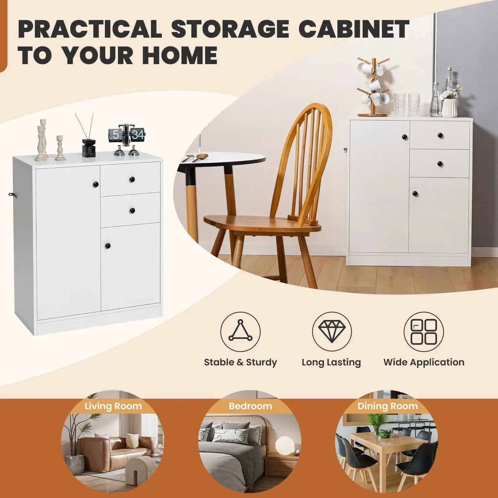 2-Door Free-standing Kitchen Sideboard with Adjustable Shelves-White by DirectDeals