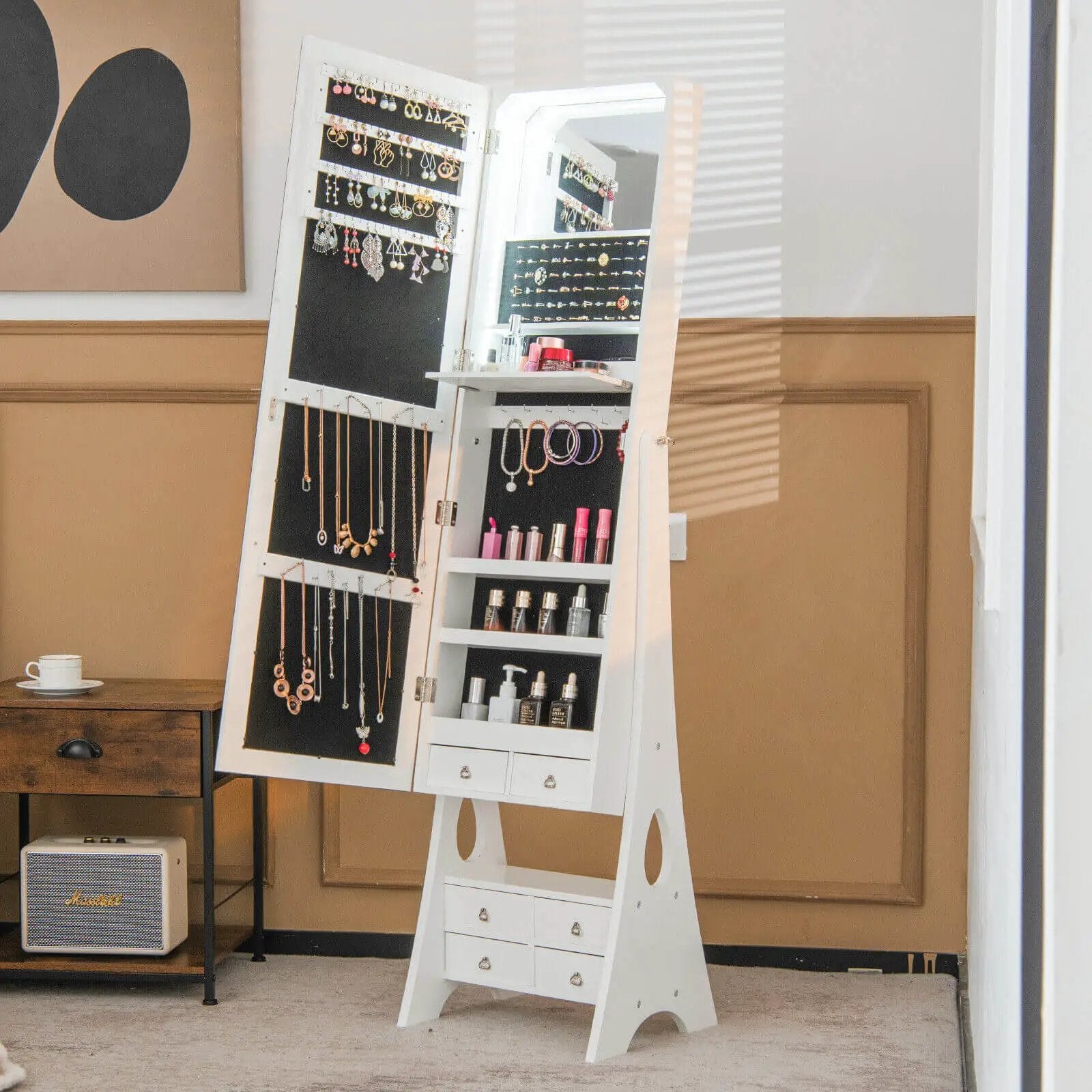Freestanding Full Length LED Mirrored Jewelry Armoire with 6 Drawers by DirectDeals