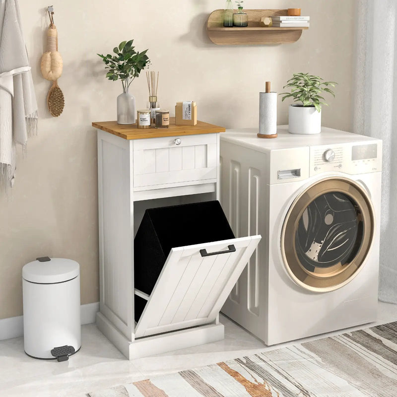 Freestanding Tilt Out Laundry Cabinet with Basket-White by DirectDeals