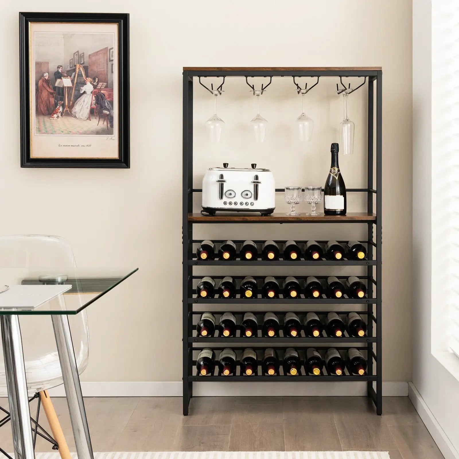 Freestanding Wine Bakers Rack with 4-Tier Wine Storage and 4 Rows of Stemware Racks by DirectDeals