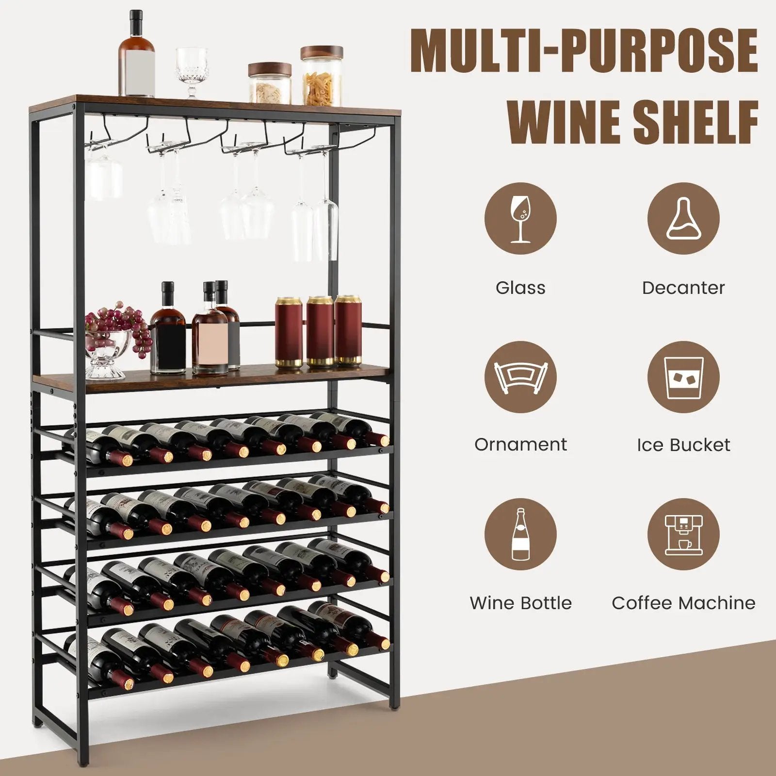 Freestanding Wine Bakers Rack with 4-Tier Wine Storage and 4 Rows of Stemware Racks by DirectDeals