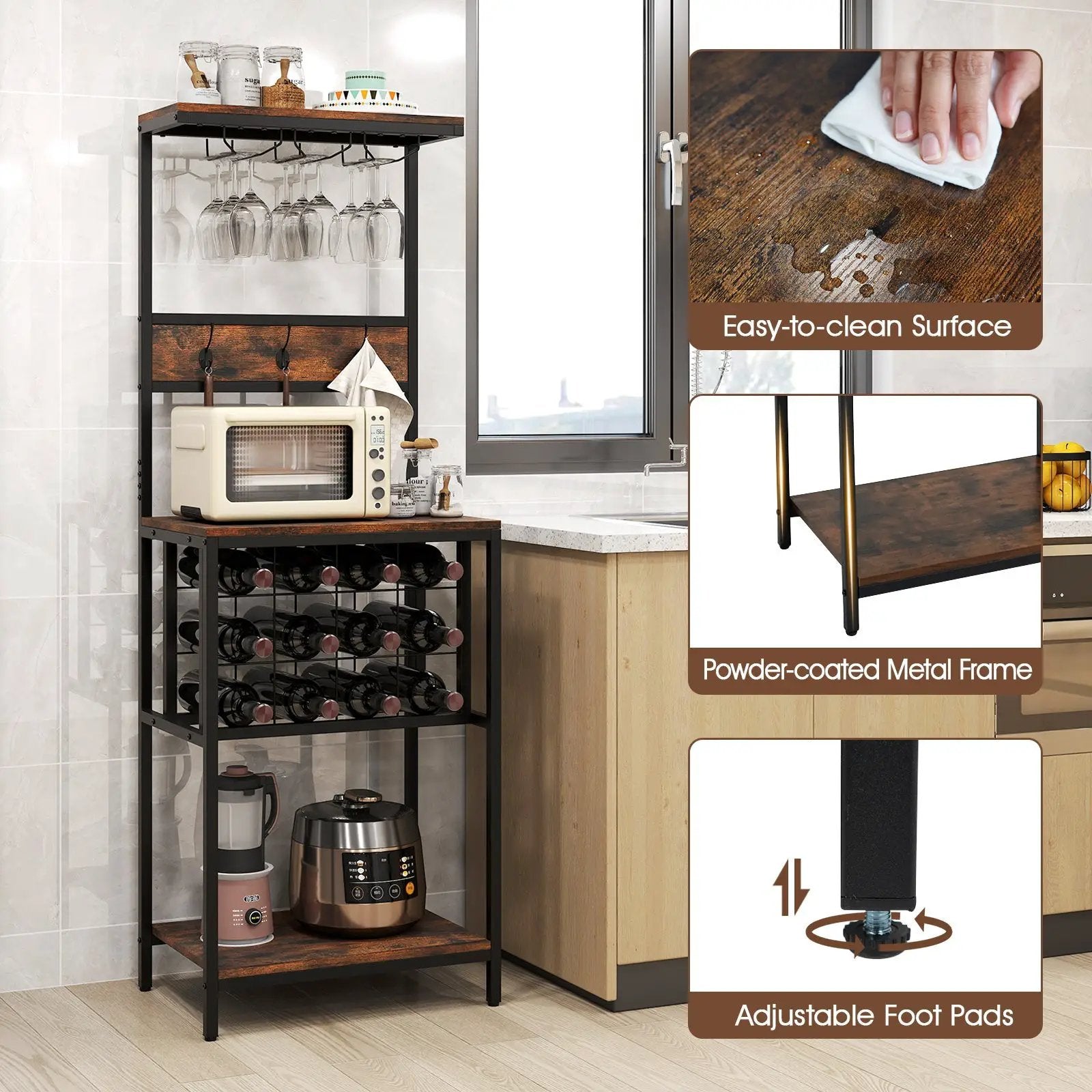 Freestanding Wine Rack Floor Wine Bar Cabinet with Glass Racks-Rustic Brown by DirectDeals