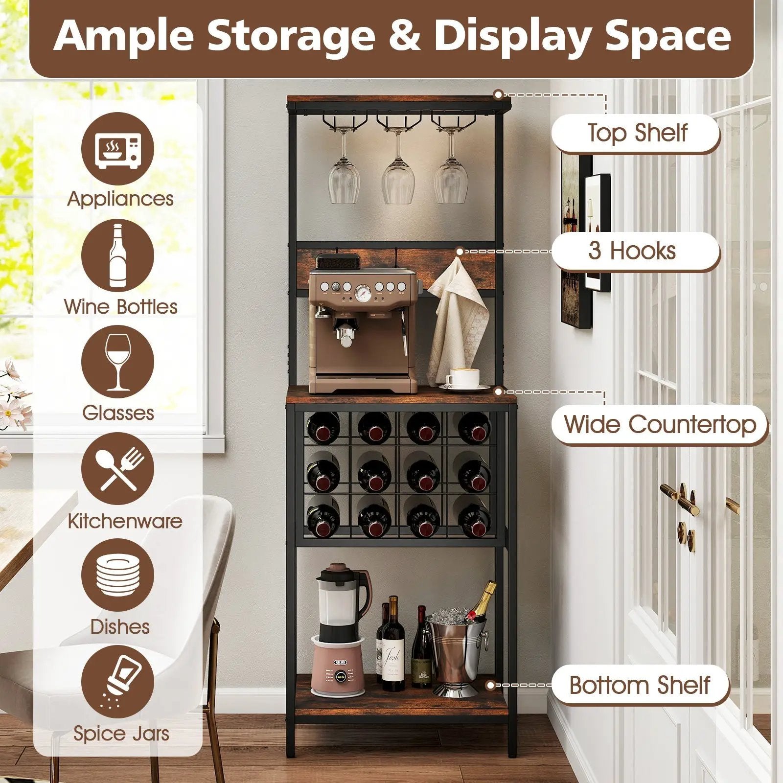 Freestanding Wine Rack Floor Wine Bar Cabinet with Glass Racks-Rustic Brown by DirectDeals