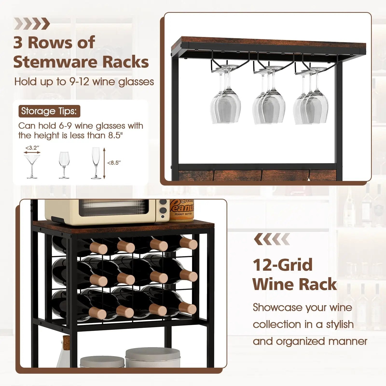 Freestanding Wine Rack Floor Wine Bar Cabinet with Glass Racks-Rustic Brown by DirectDeals