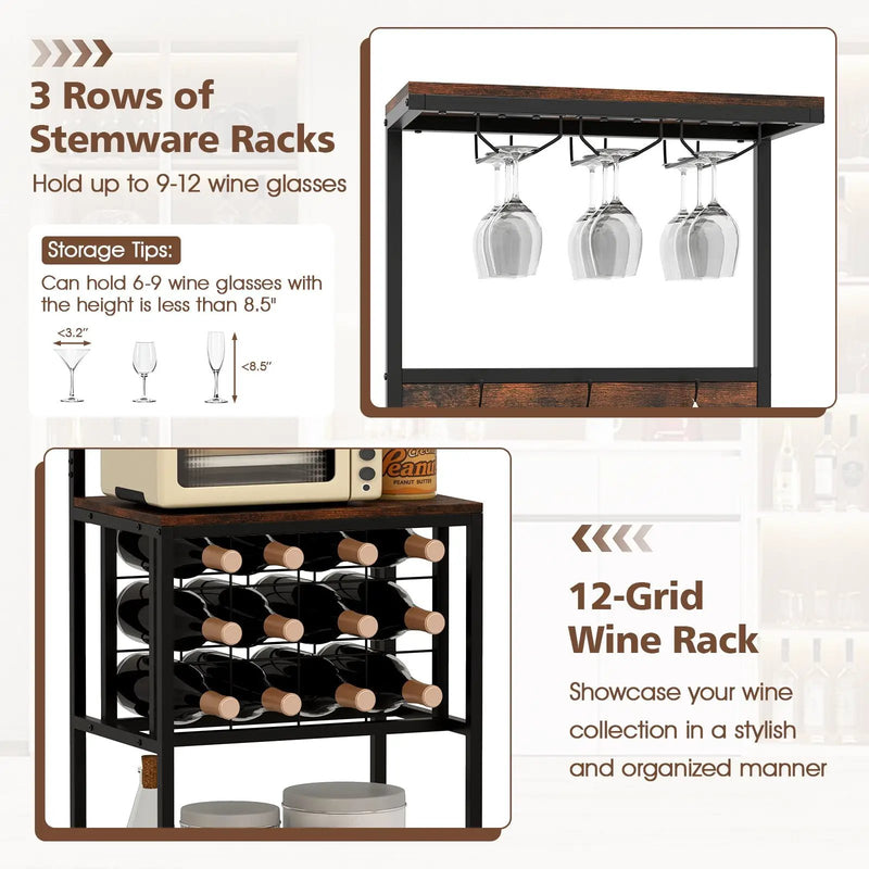 Freestanding Wine Rack Floor Wine Bar Cabinet with Glass Racks-Rustic Brown by DirectDeals