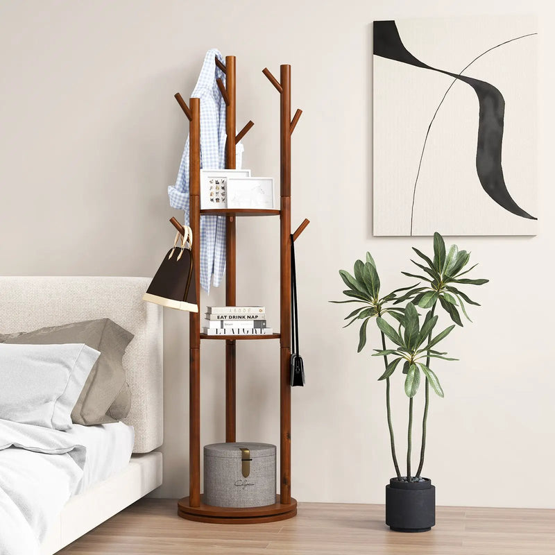 Freestanding Wooden Coat Tree with 3 Display Storage Shelves and 9 Hooks by DirectDeals