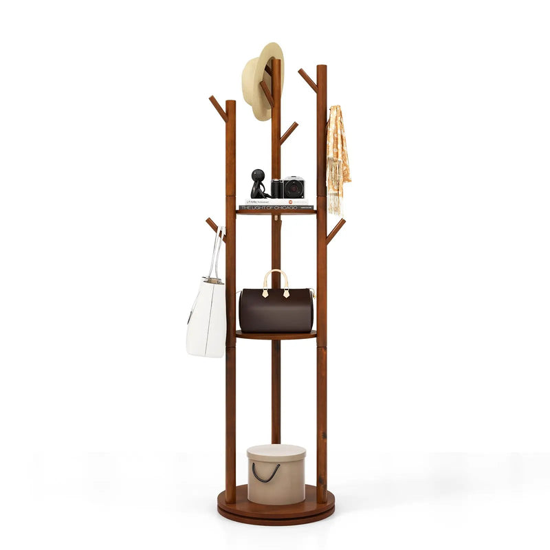 Freestanding Wooden Coat Tree with 3 Display Storage Shelves and 9 Hooks by DirectDeals