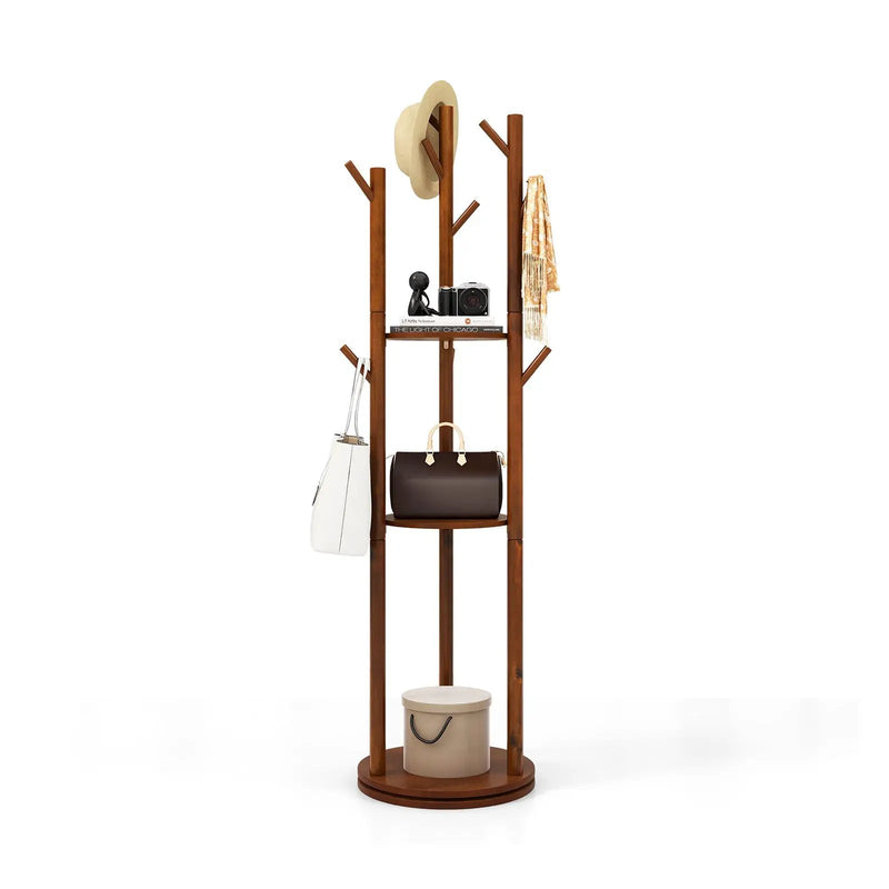 Freestanding Wooden Coat Tree with 3 Display Storage Shelves and 9 Hooks by DirectDeals
