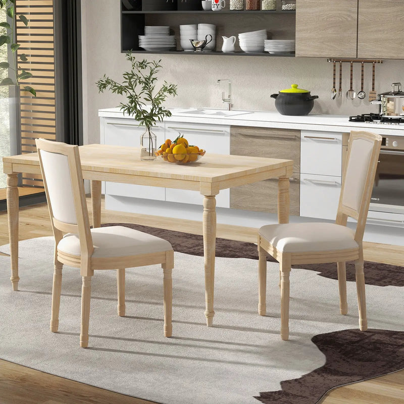 French Dining Chair Set of 2 with Rectangular Backrest and Solid Rubber Wood Frame-Beige by DirectDeals