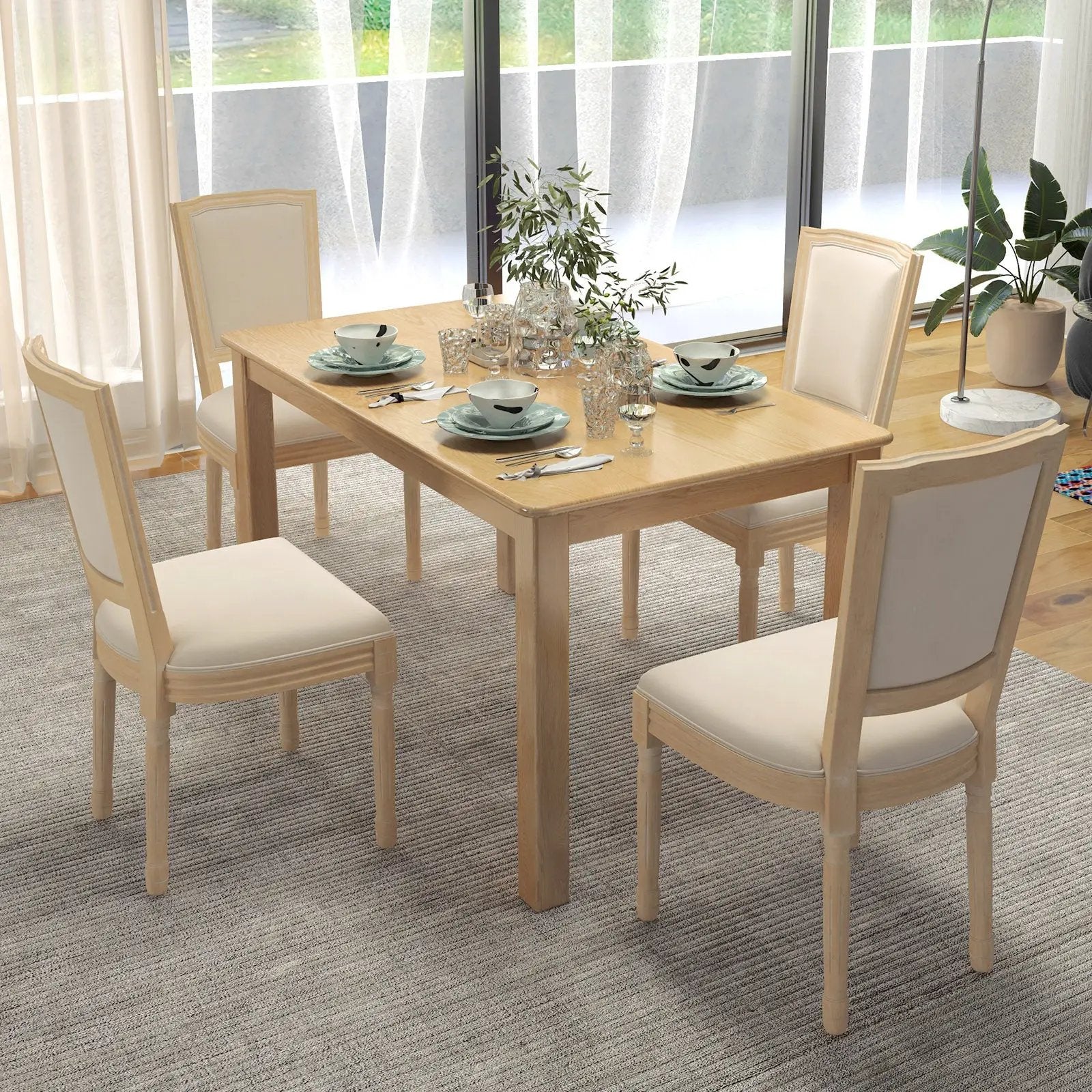 French Dining Chair Set of 2 with Rectangular Backrest and Solid Rubber Wood Frame-Beige by DirectDeals