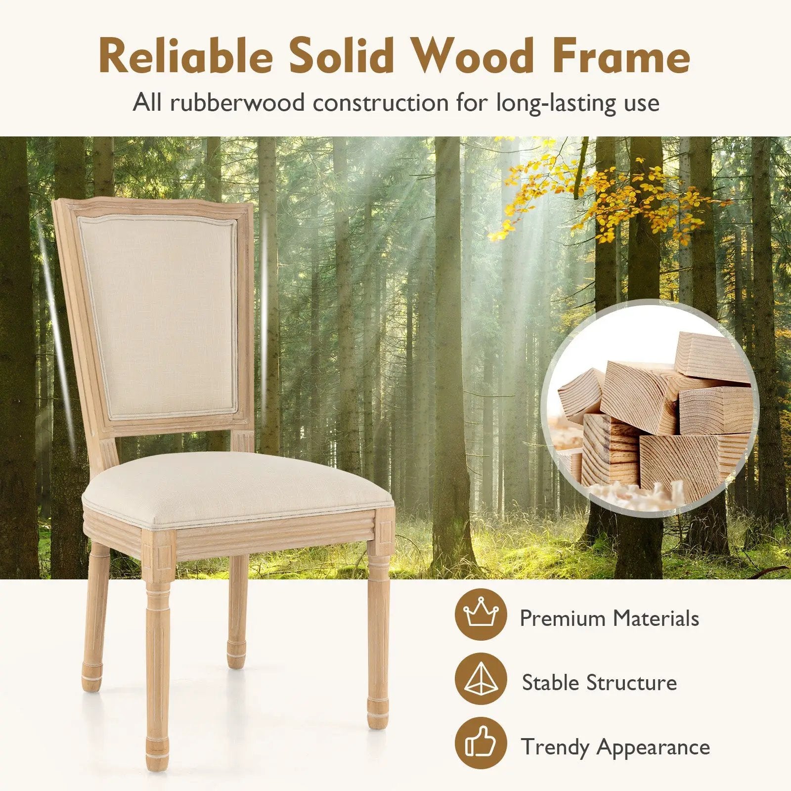 French Dining Chair Set of 2 with Rectangular Backrest and Solid Rubber Wood Frame-Beige by DirectDeals