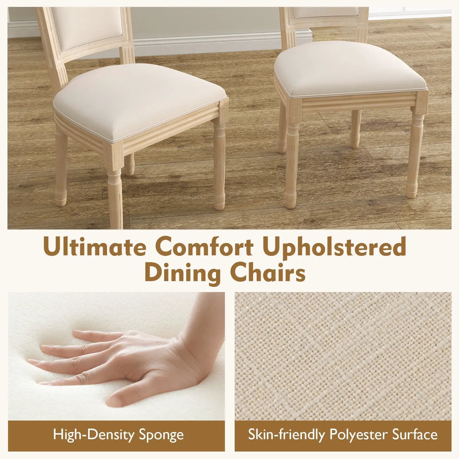 French Dining Chair Set of 2 with Rectangular Backrest and Solid Rubber Wood Frame-Beige by DirectDeals