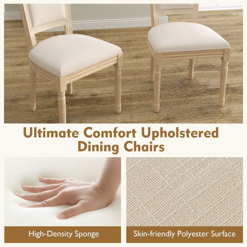 French Dining Chair Set of 2 with Rectangular Backrest and Solid Rubber Wood Frame-Beige by DirectDeals
