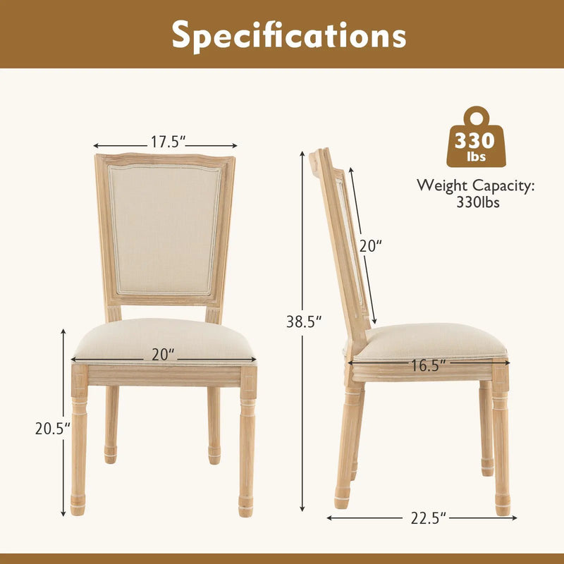 French Dining Chair Set of 2 with Rectangular Backrest and Solid Rubber Wood Frame-Beige by DirectDeals
