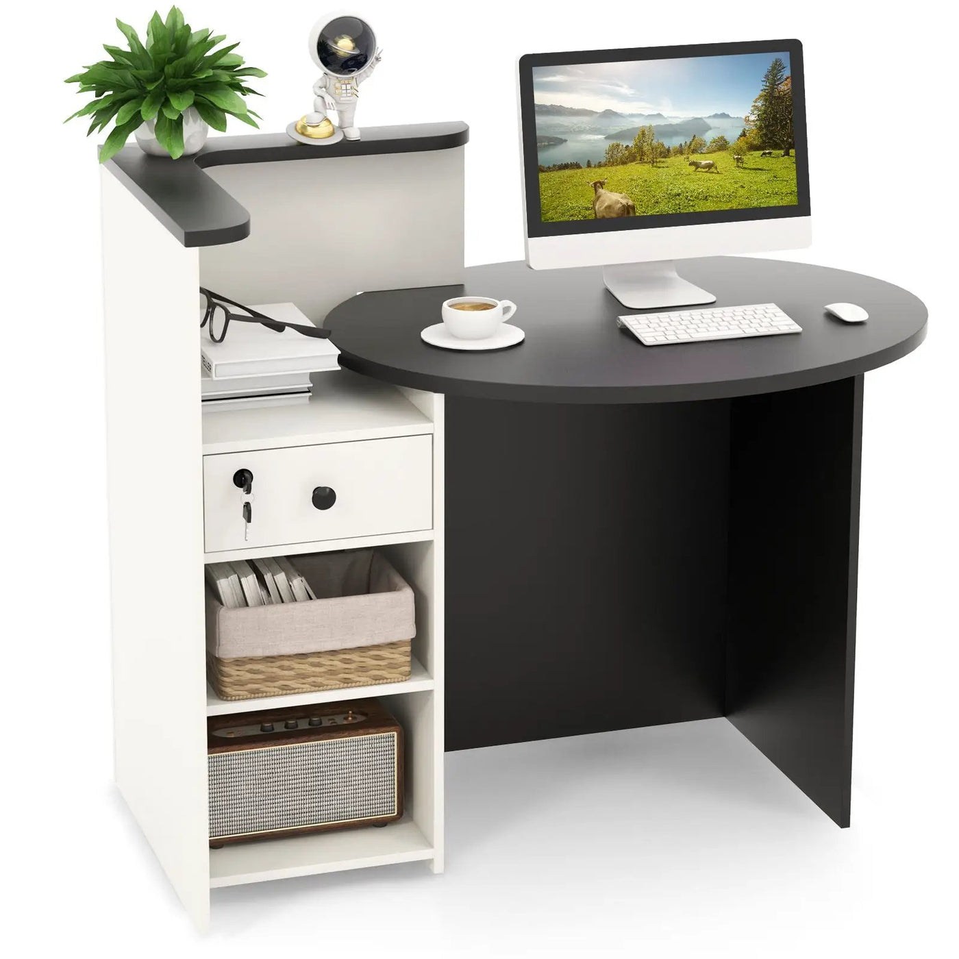 Front Reception Office Desk with Open Shelf and Lockable Drawer by DirectDeals