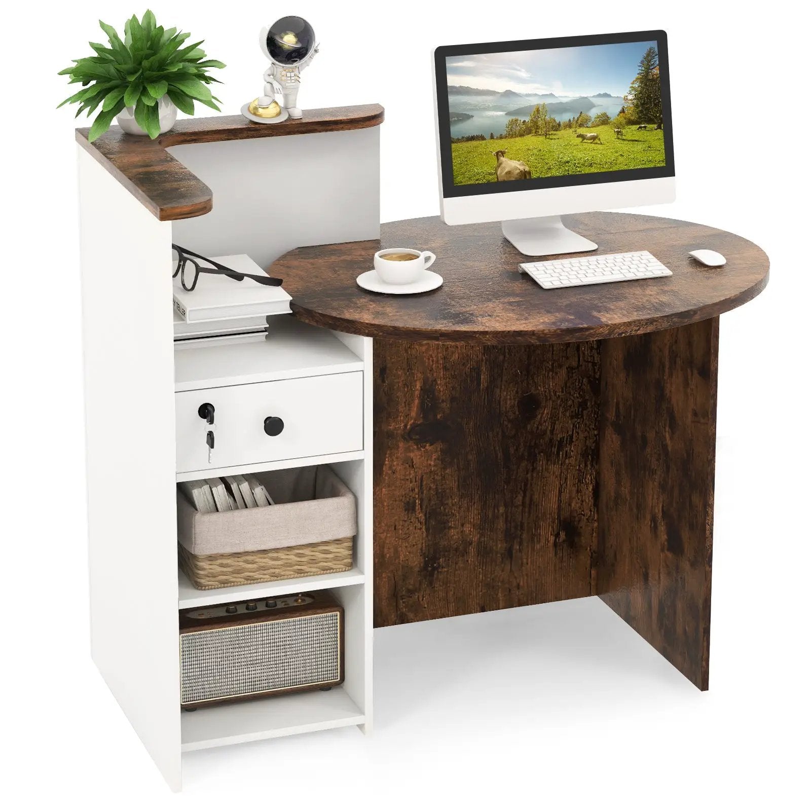 Front Reception Office Desk with Open Shelf and Lockable Drawer by DirectDeals