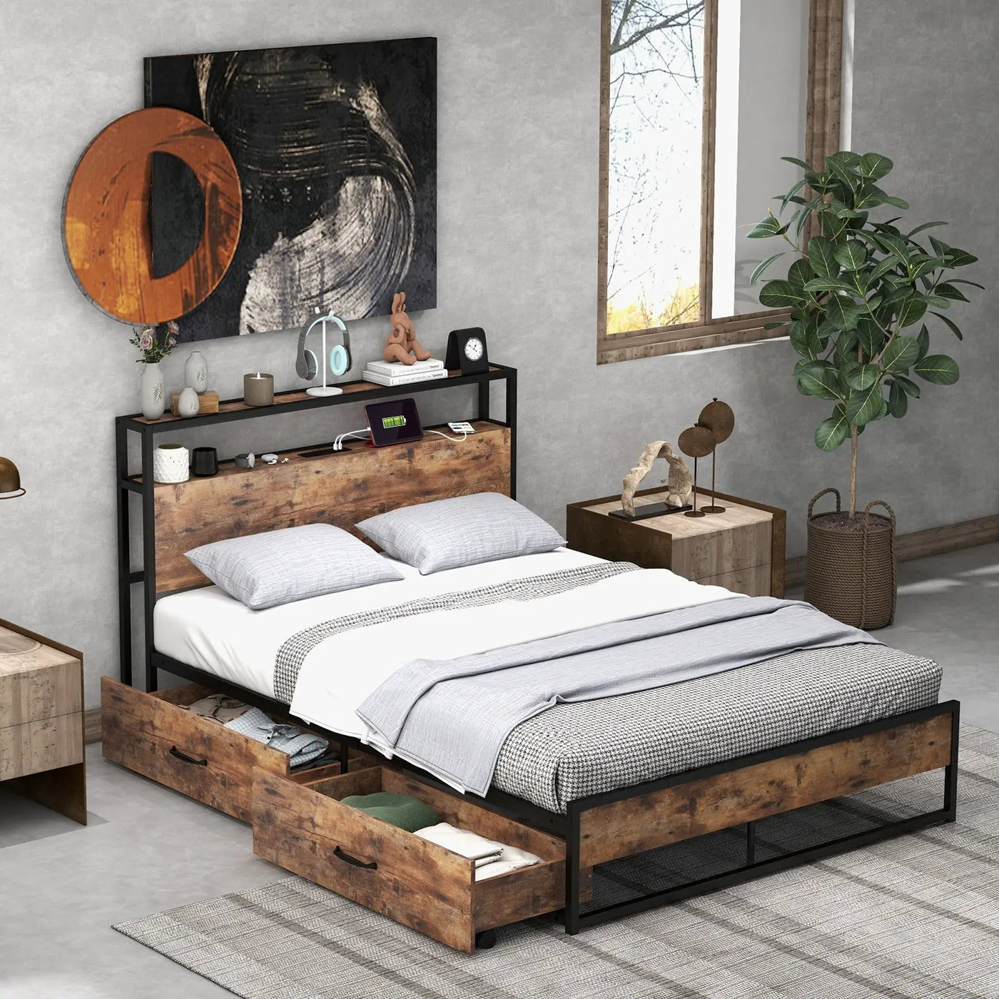 Full/Queen Bed Frame with 2-Tier Storage Headboard and Charging Station by DirectDeals