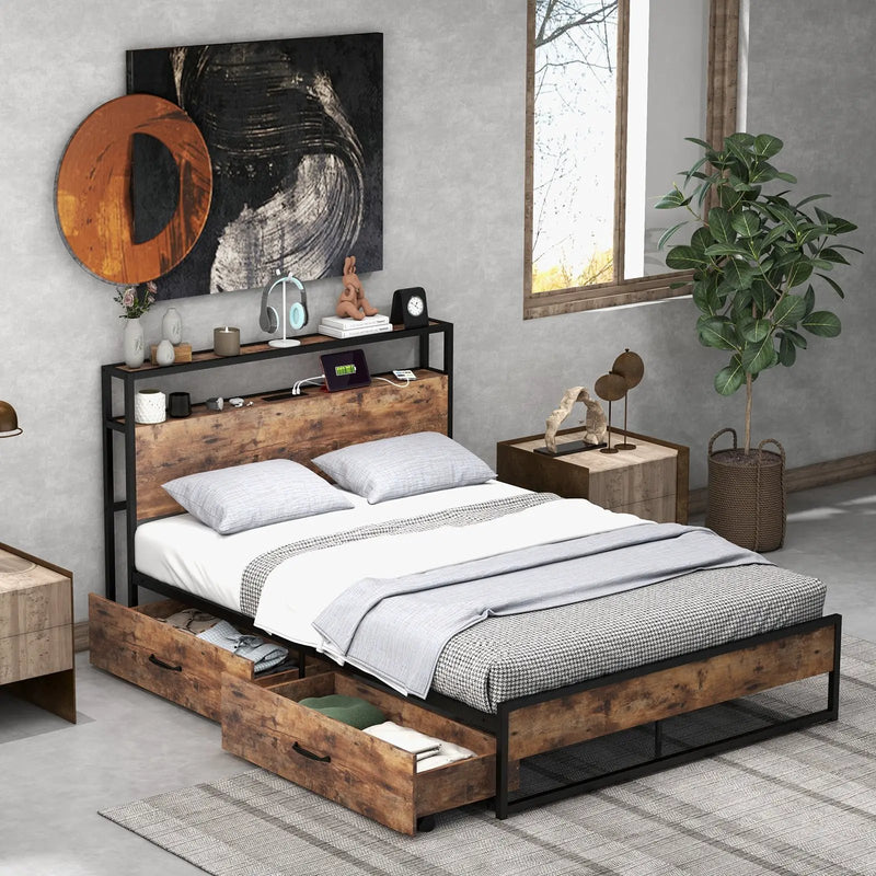Full/Queen Bed Frame with 2-Tier Storage Headboard and Charging Station by DirectDeals