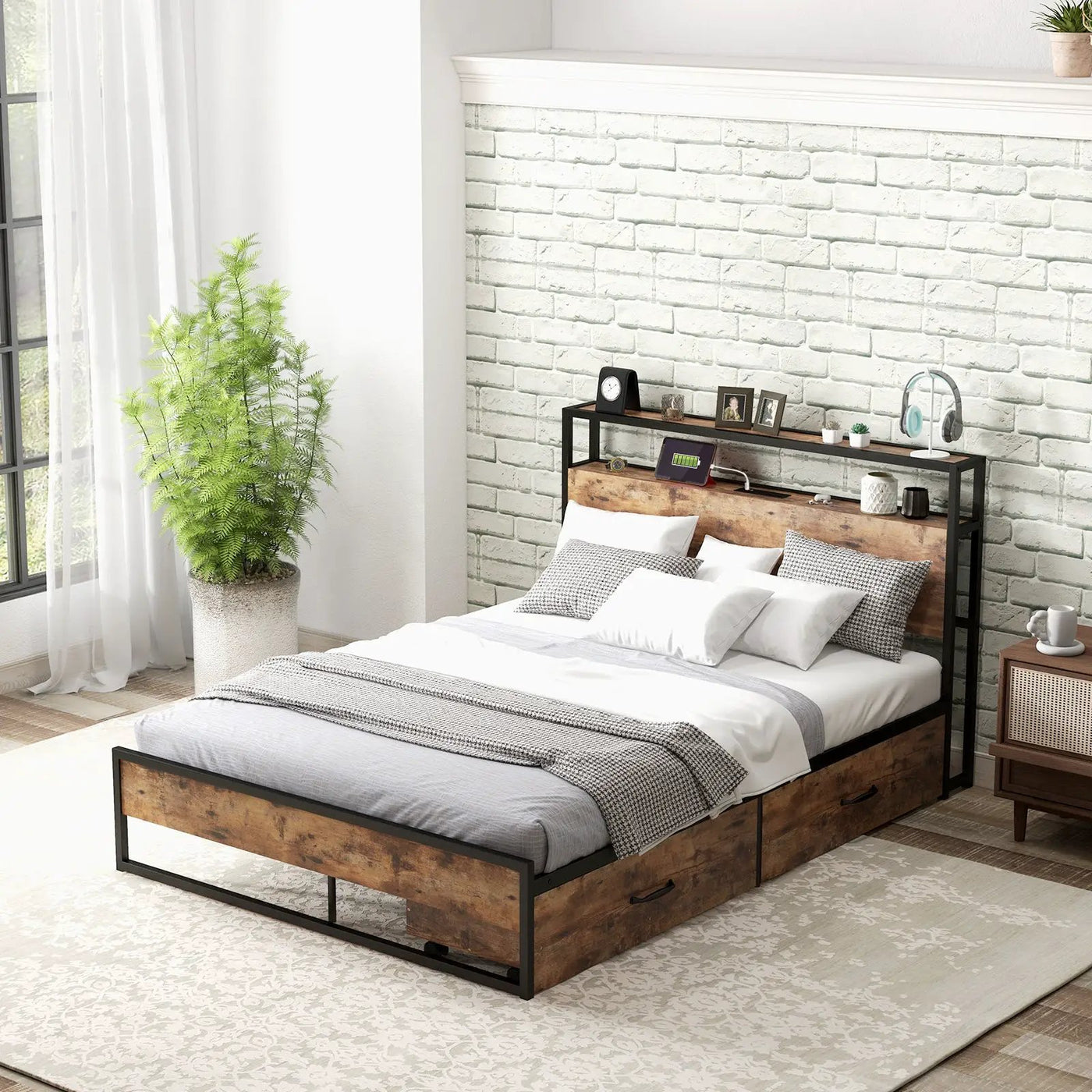 Full/Queen Bed Frame with 2-Tier Storage Headboard and Charging Station by DirectDeals