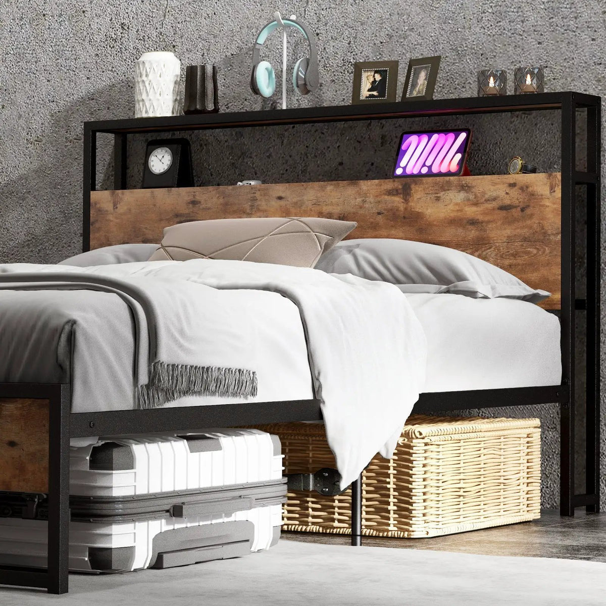 Full/Queen Bed Frame with 2-Tier Storage Headboard and Charging Station by DirectDeals