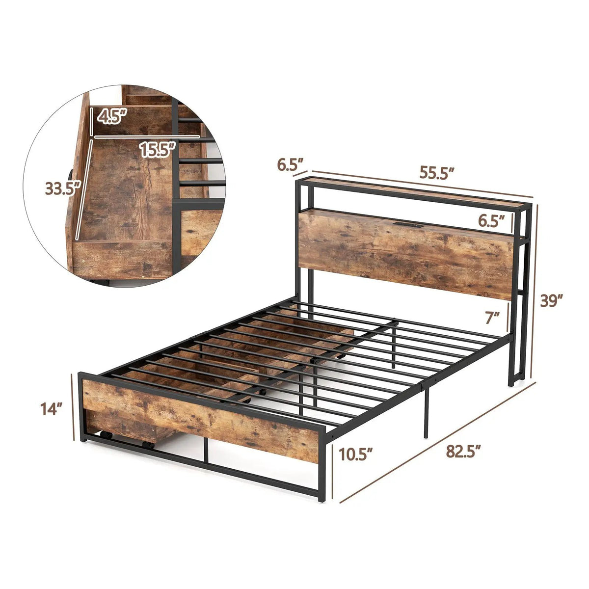 Full/Queen Bed Frame with 2-Tier Storage Headboard and Charging Station by DirectDeals